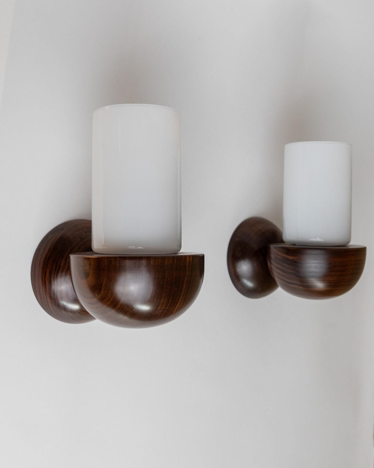 Vintage 1960s Wall Lamps Set of 2, Dark Wood with White Glass Shades, Mid Century Modern Lighting, Sculptural Wall Sconces — additional view