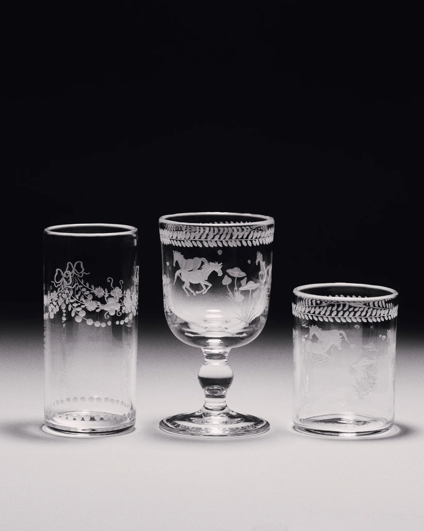 Barbro Water Glass - Set of four — side view highlighting intricate glass etching