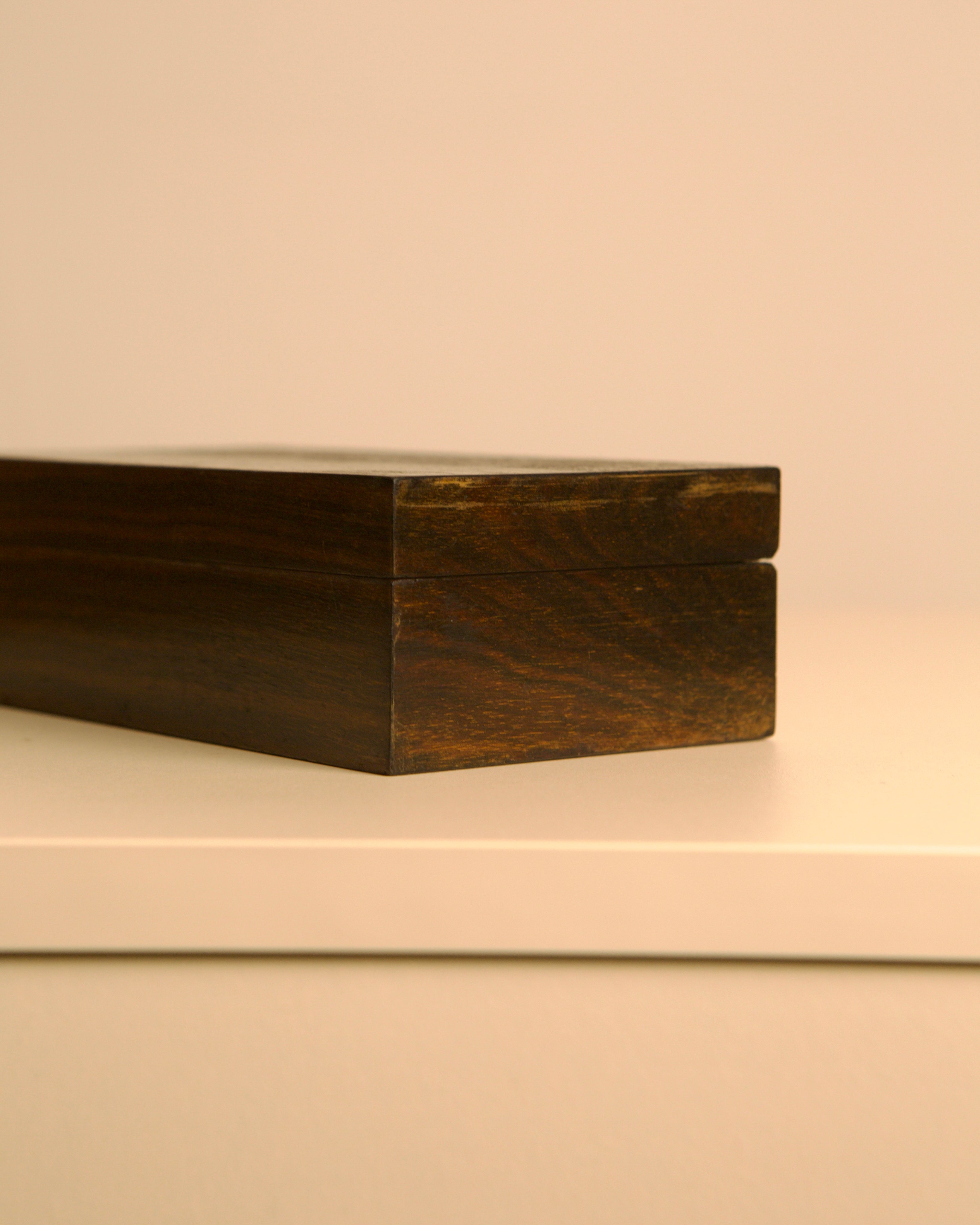 Rectangular Box Made of Solid Wood, 1960s — angled view on white shelf