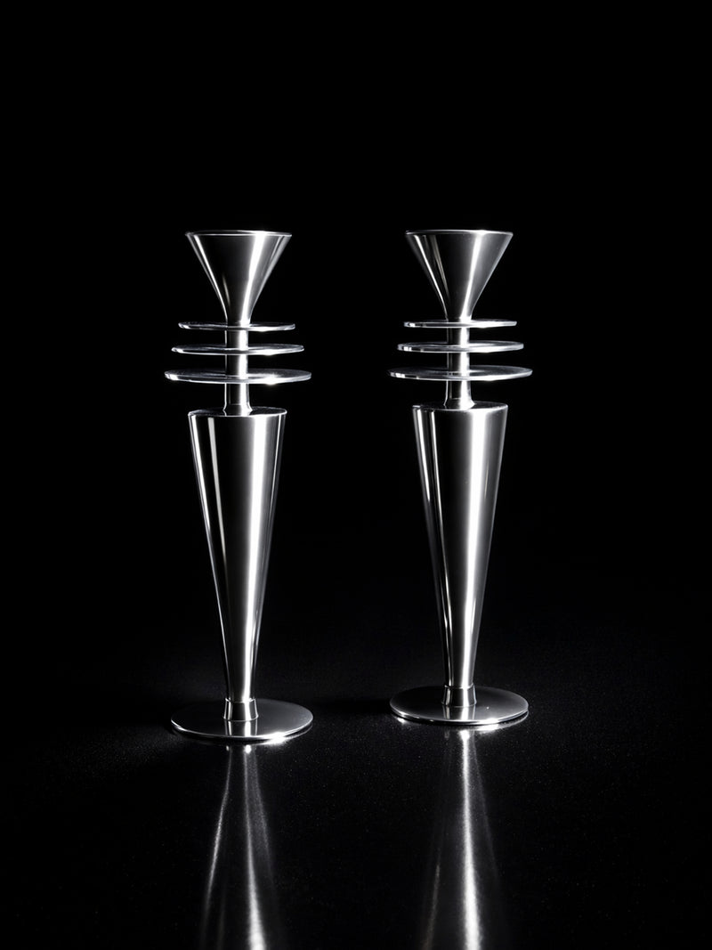 Pair of Art Deco Chrome Candleholders by Dodo Vintage | The Oblist — polished chrome finish