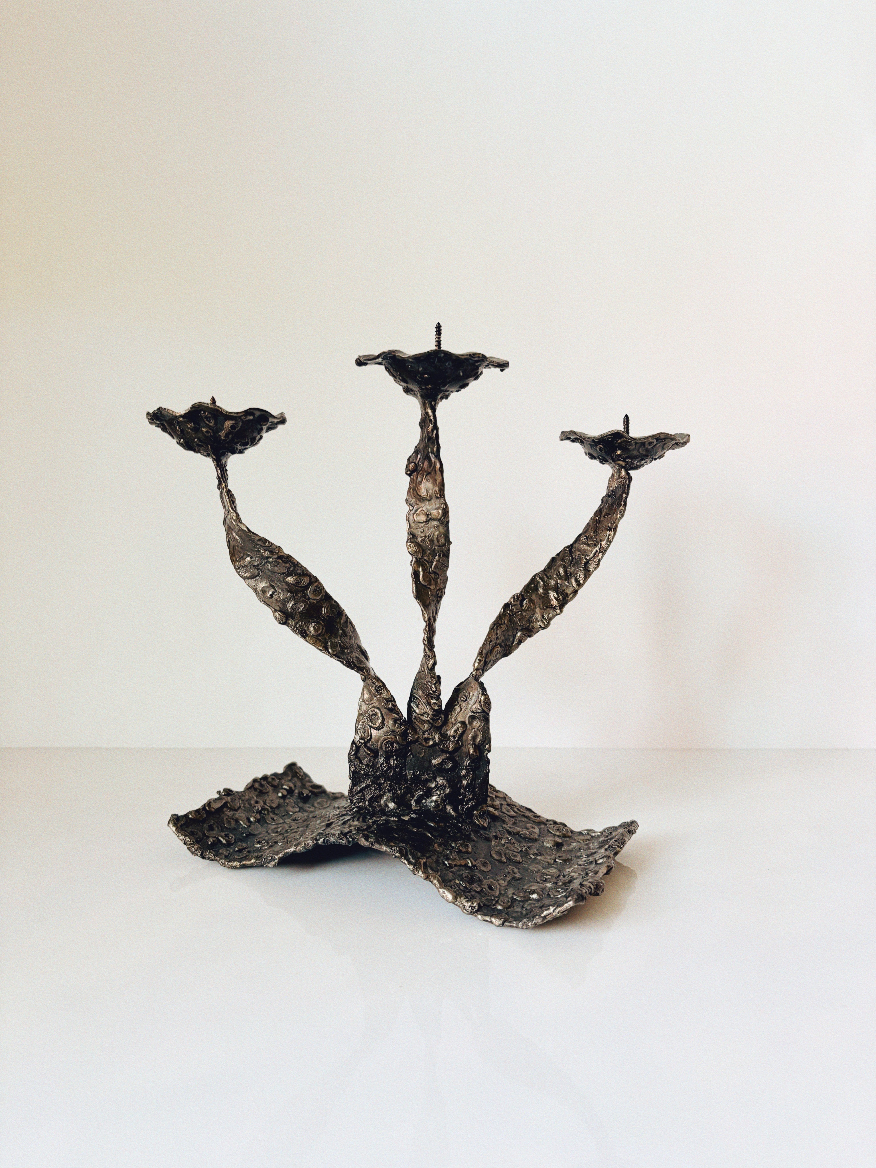 Molten Metal Sculptural 3 Arm Candlestick by Huerto | The Oblist — handcrafted dark finish