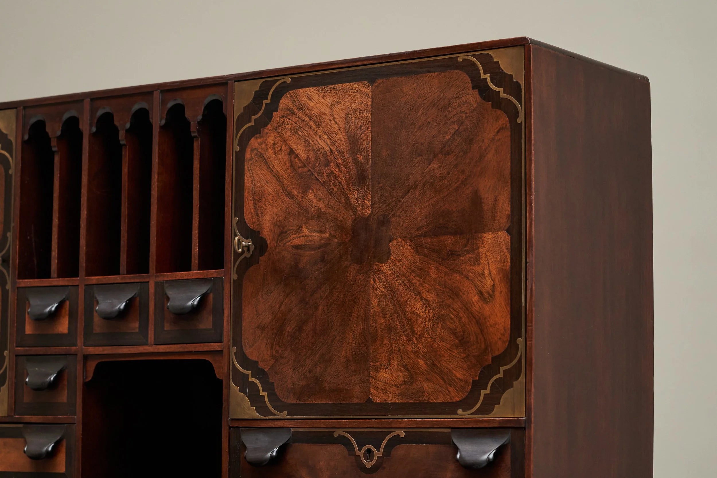 Exceptional Secretary Desk in Mahogany, Walnut, Ebony and Brass, Early 20th Century — view 10