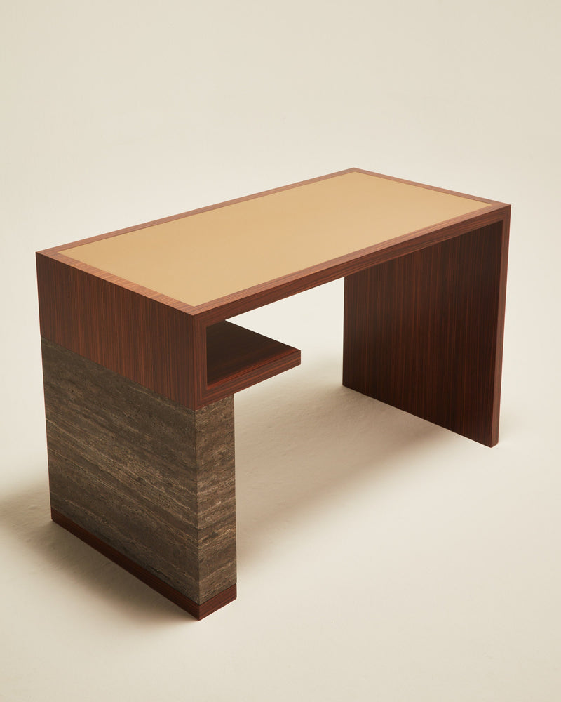 'Continuous' Desk Handcrafted in Wood Veneer With a Lether Tabletop & Travertine Leg — alternate view