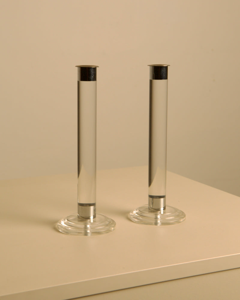 Pair of Italian lucite and silver candleholders from the 1980s