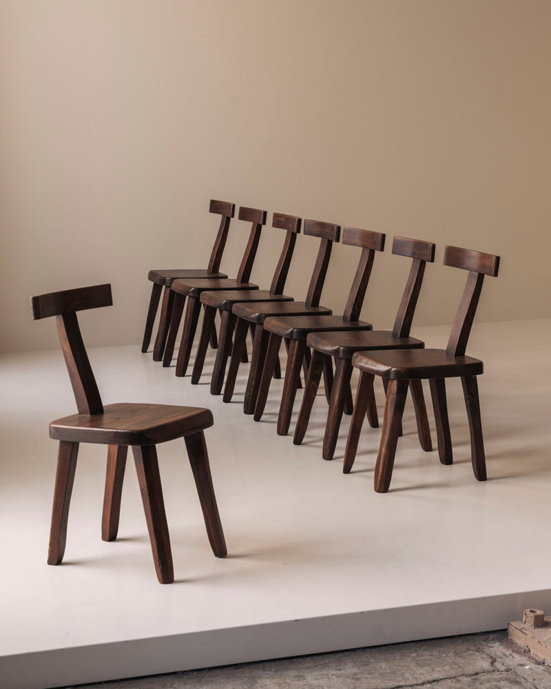Large set of 8  Brutalist wooden T chairs by Aranjou, France 1960s. — alternate view