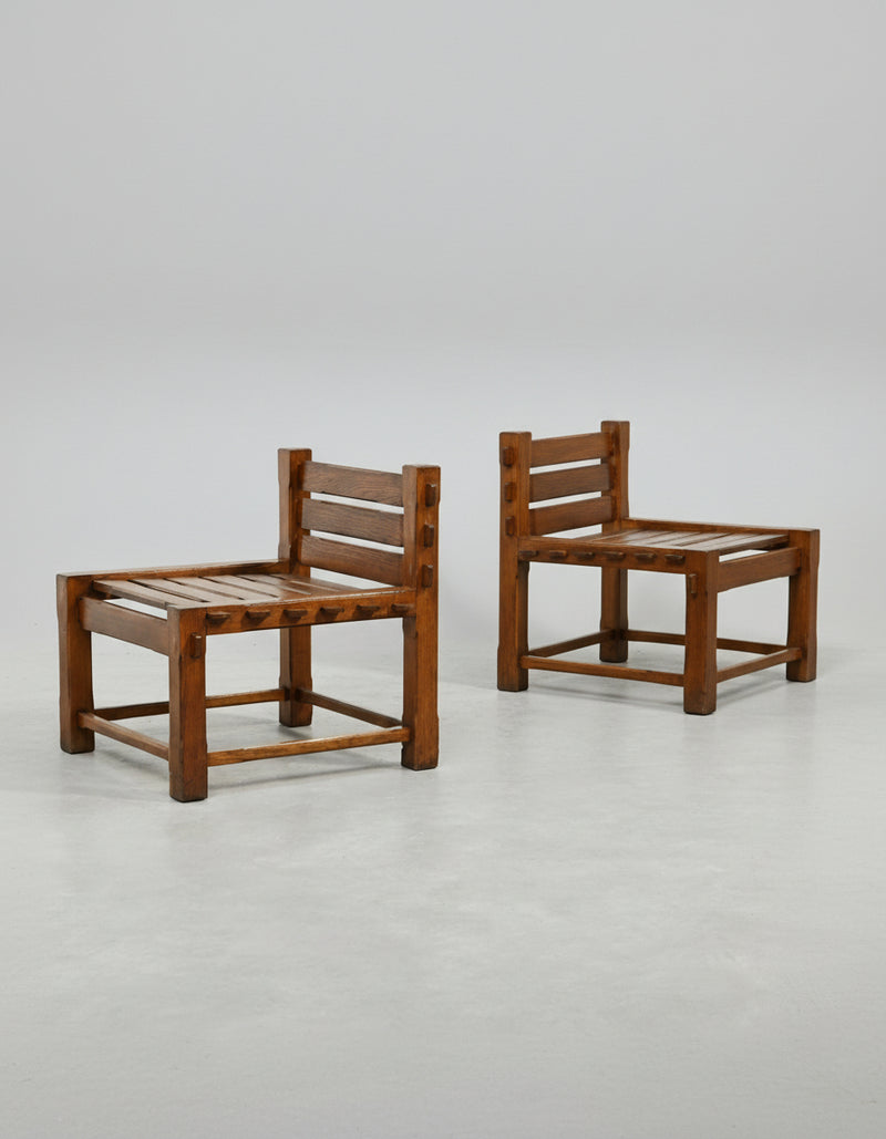 Pair of 1970s brutalist solid oak side chairs with slatted seats