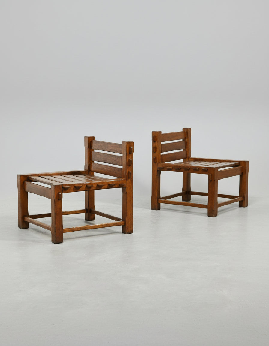 Pair of 1970s brutalist solid oak side chairs with slatted seats