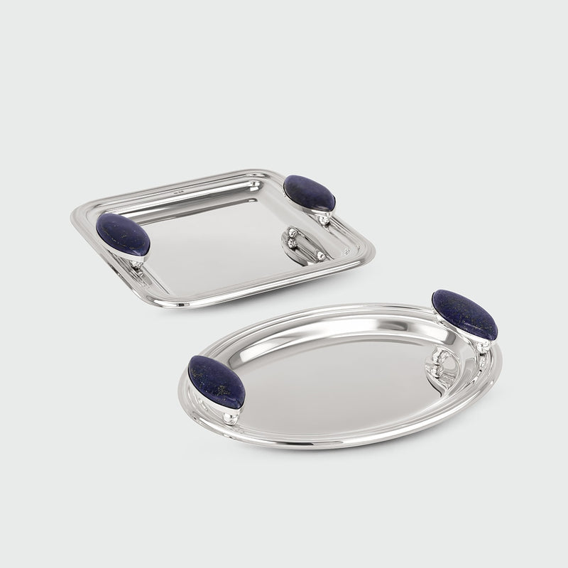 Square Lazuli Tray — close-up of polished metal with lapis lazuli handles
