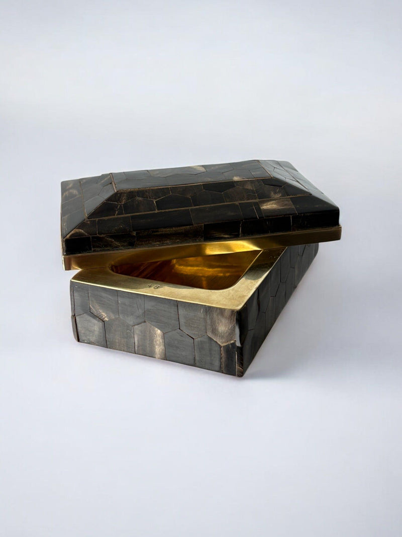 Tessellated Faux Tortoiseshell & Brass Box, Italy, 1970s — detail view