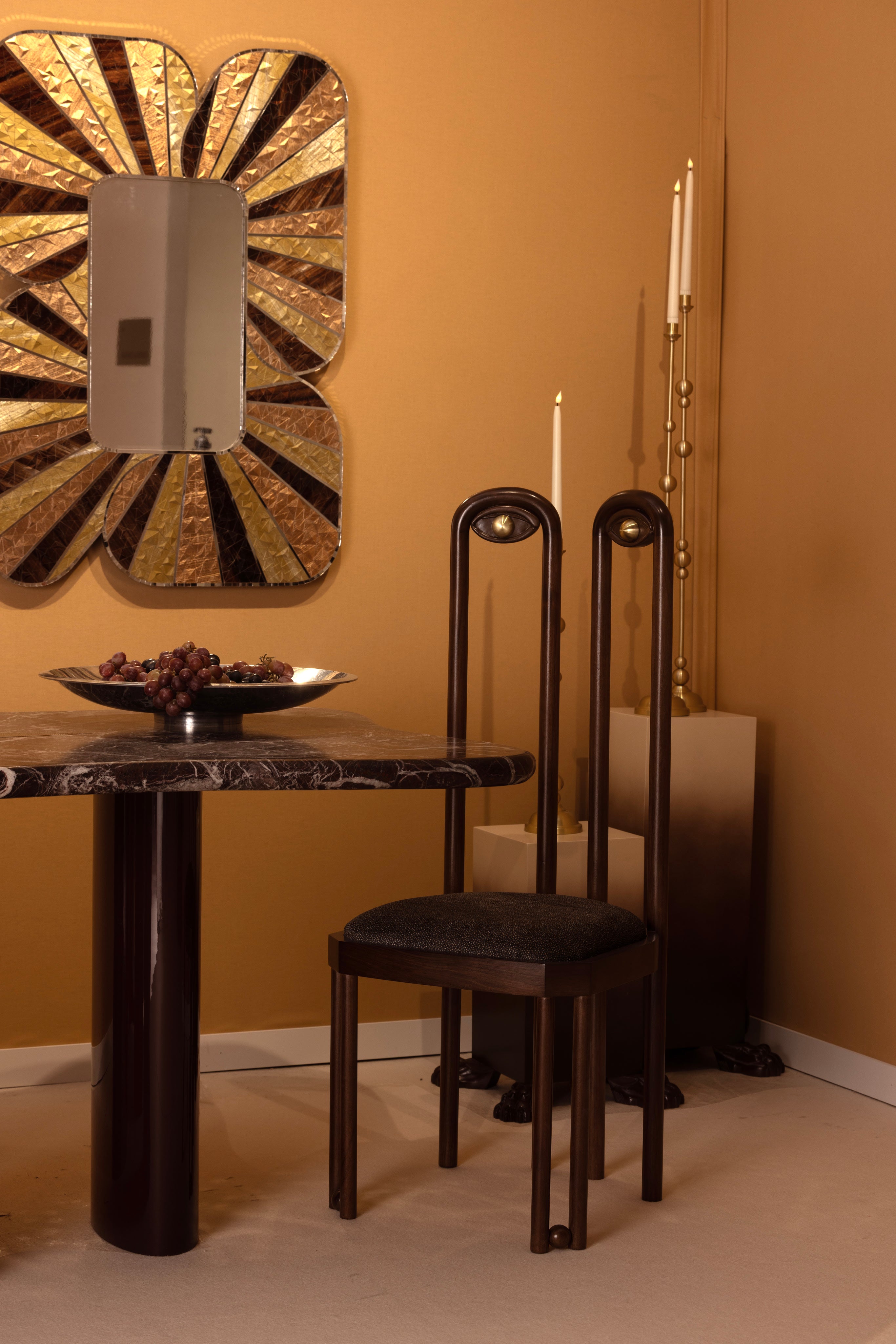 DĪDA Chair II – Solid Dark Walnut with Dedar Upholstery — close-up