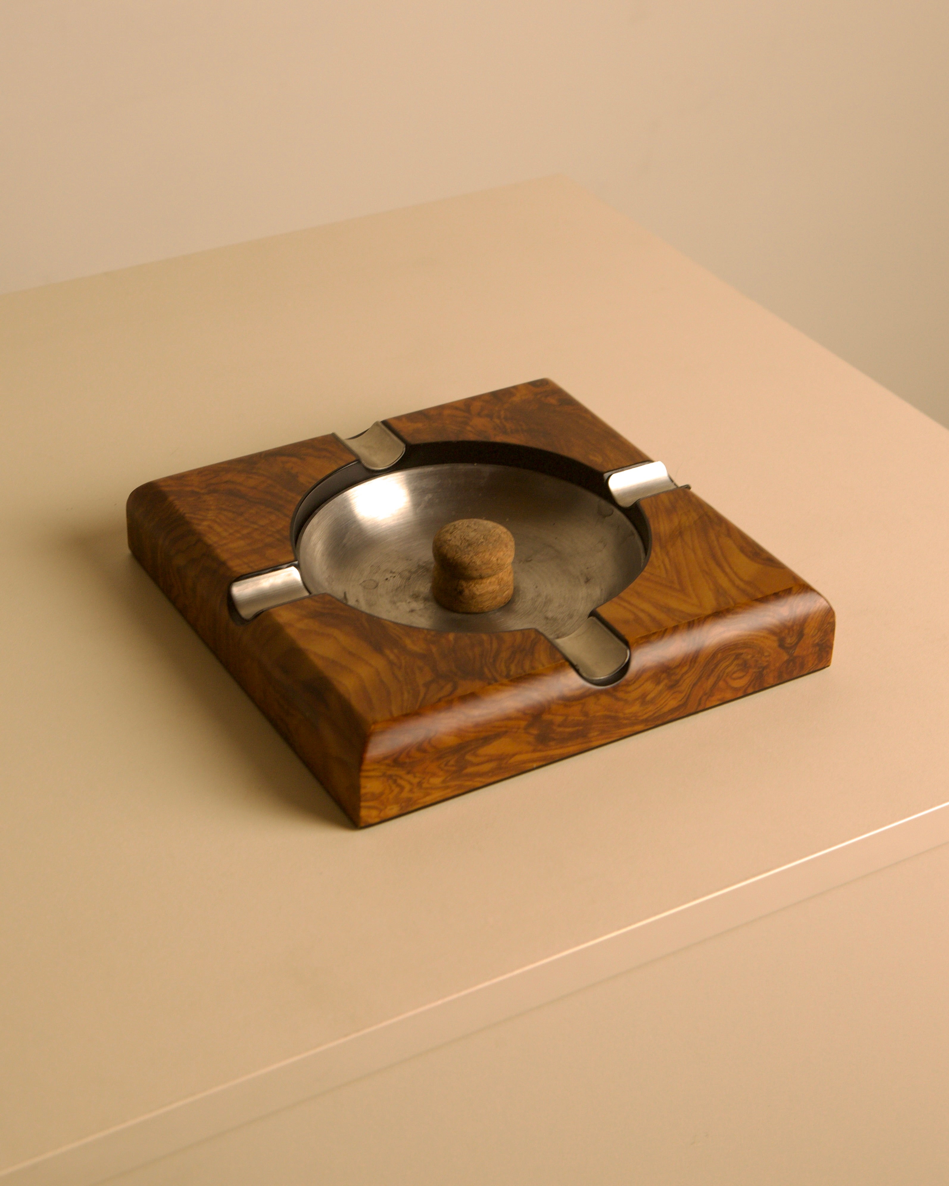 Burl walnut and metal ashtray, Italy, 1980s — side angle