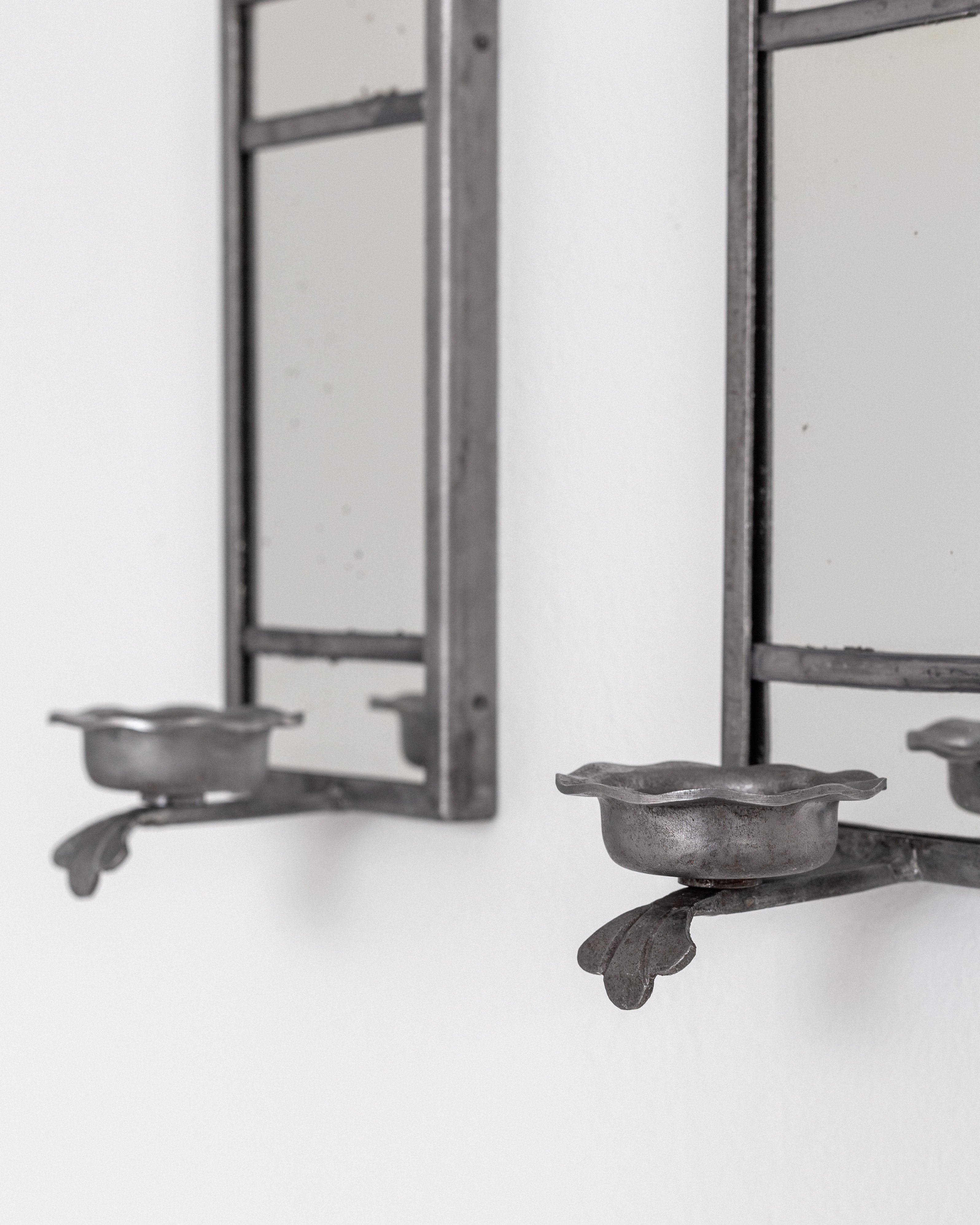 Pair of Art Deco Pewter Candle Sconces by Böhlmarks, Sweden, 1930s — back view showing wall-mounted design and candle holders