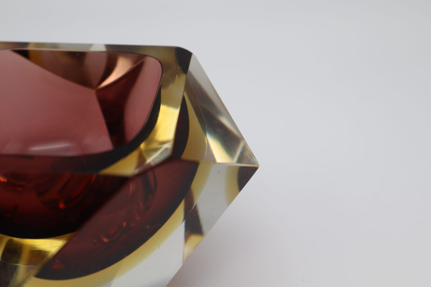 Mid-Century Geometric ‘Sommerso’ Murano Glass Bowl by Flavio Poli for Seguso, 1960s — lifestyle setting