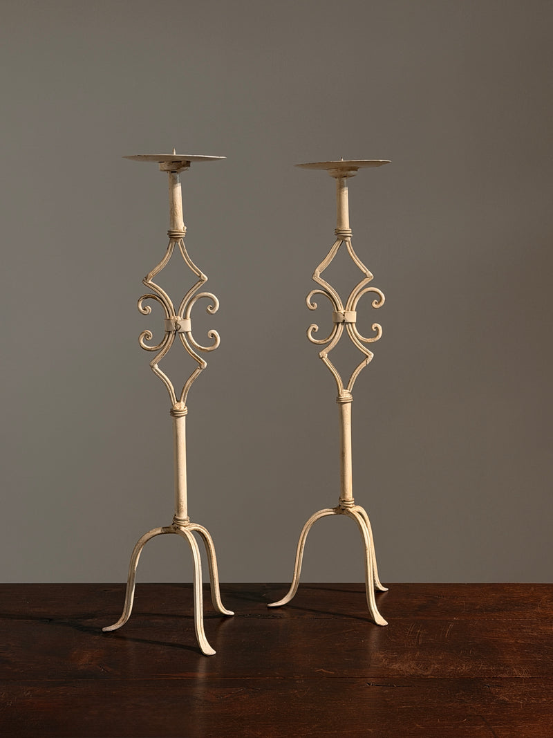 Pair of large cream-painted wrought-iron pricket candlesticks, Italy by Figuresdesign | The Oblist