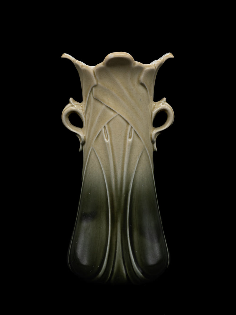 Gustave de Bruyn Art Nouveau Vase, France, c. 1900s — close-up of green and beige ceramic surface