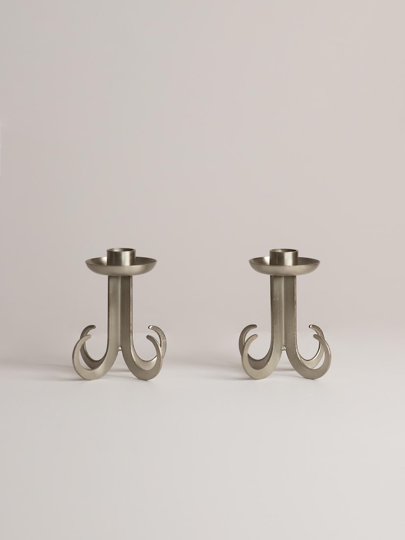 Architectural Steel Totem Candlesticks 1970s – Brutalist Sculptural Set of 2 — lifestyle setting
