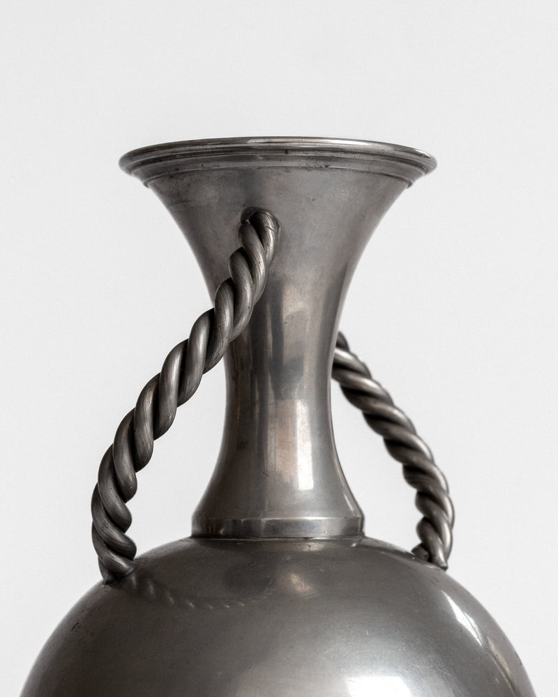 Art Deco Pewter Vase with Rope Handles, 1936 — close-up of twisted rope handles