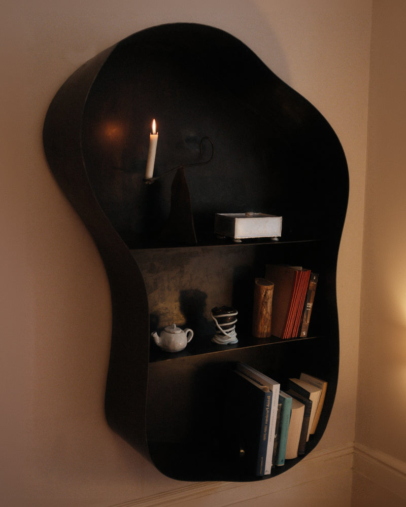 Large Metal Wall Shelf by Six Dots Design | The Oblist — dark metal finish, modern design