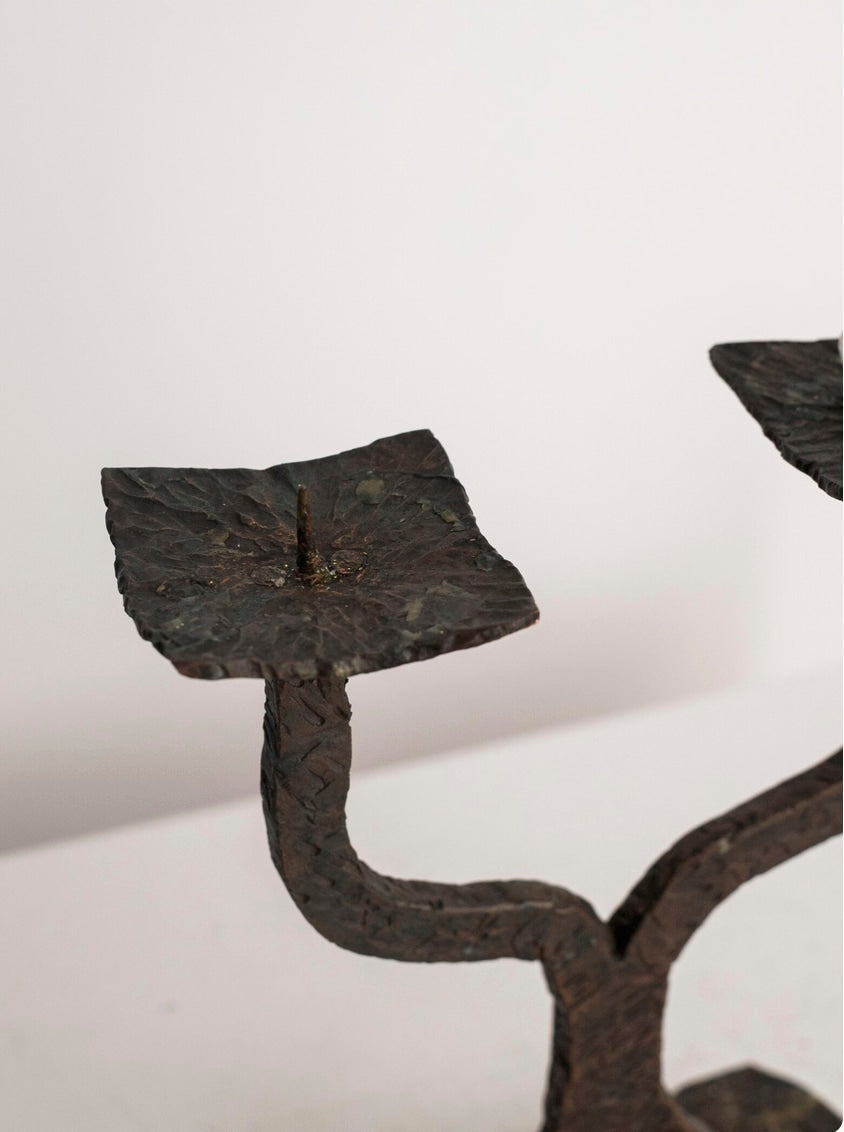 Heavy Cast Bronze Candelabra, Two-Light Pricket Holder, Brutalist Organic Metalwork (c. 1960s) — detail view