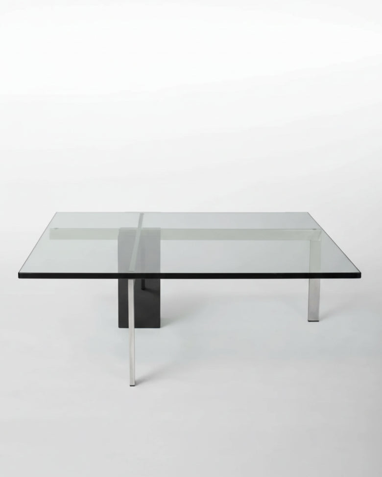 KW1 glass, metal and granite coffee table by Hank Kwint | The Oblist — modern design, transparent glass