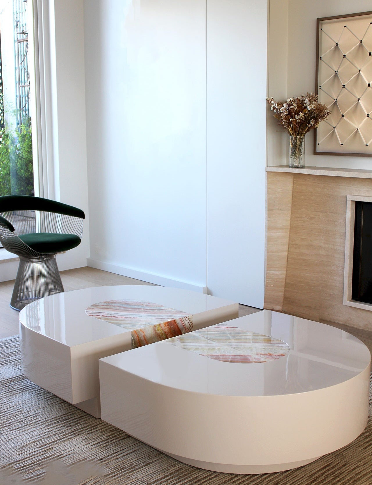 Baci Capsule Rainbow Onyx Coffee Table — side angle showing glossy white finish