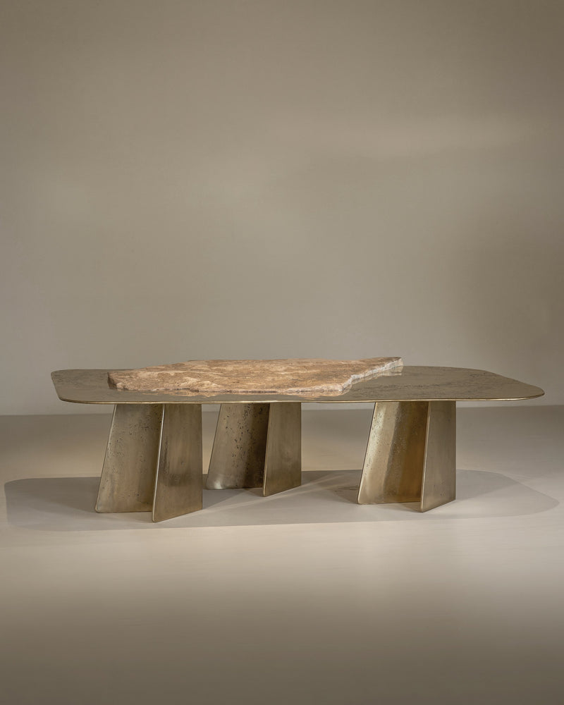 ACROPOLIS Sculptural Coffee Table - Brass and Travertine and Resin Coffee Table by Alex Turco | The Oblist
