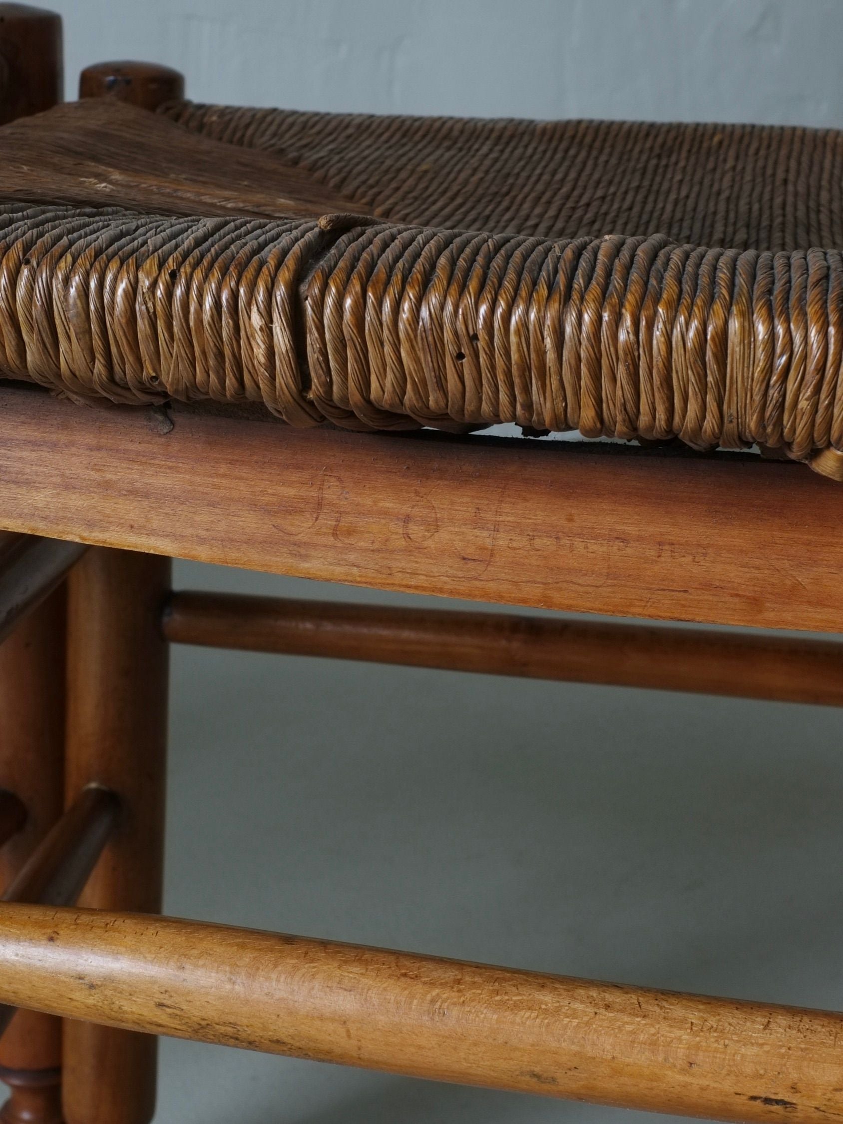 Rustic Rush Seat Chairs, Belgium 1940s — angled view of woven rush seat