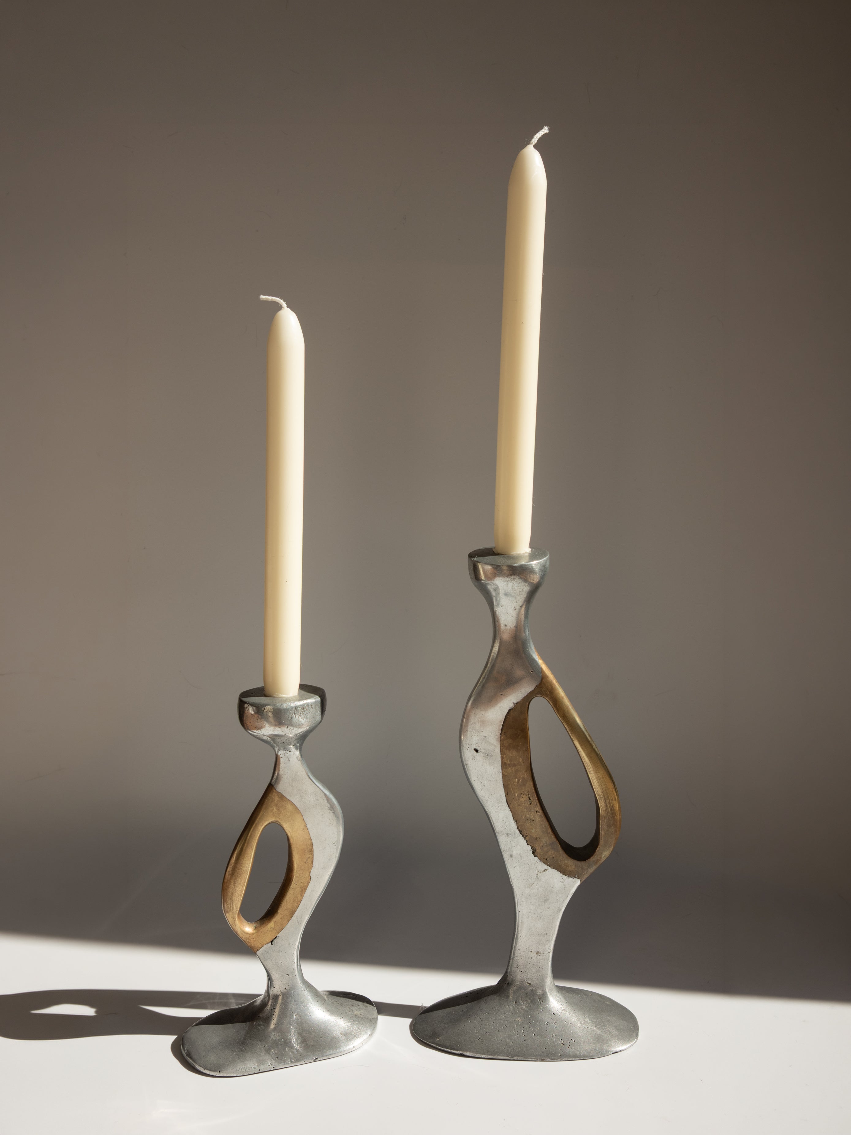 Brutalist Aluminium and Brass Candlesticks by Léopold - Spain, c. 1970s — detail view