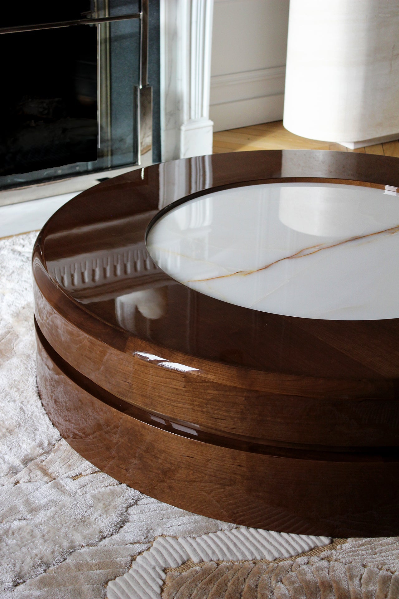 Yoyo Wooden And Shell Onyx Coffee Table — side angle showing polished wood and onyx top