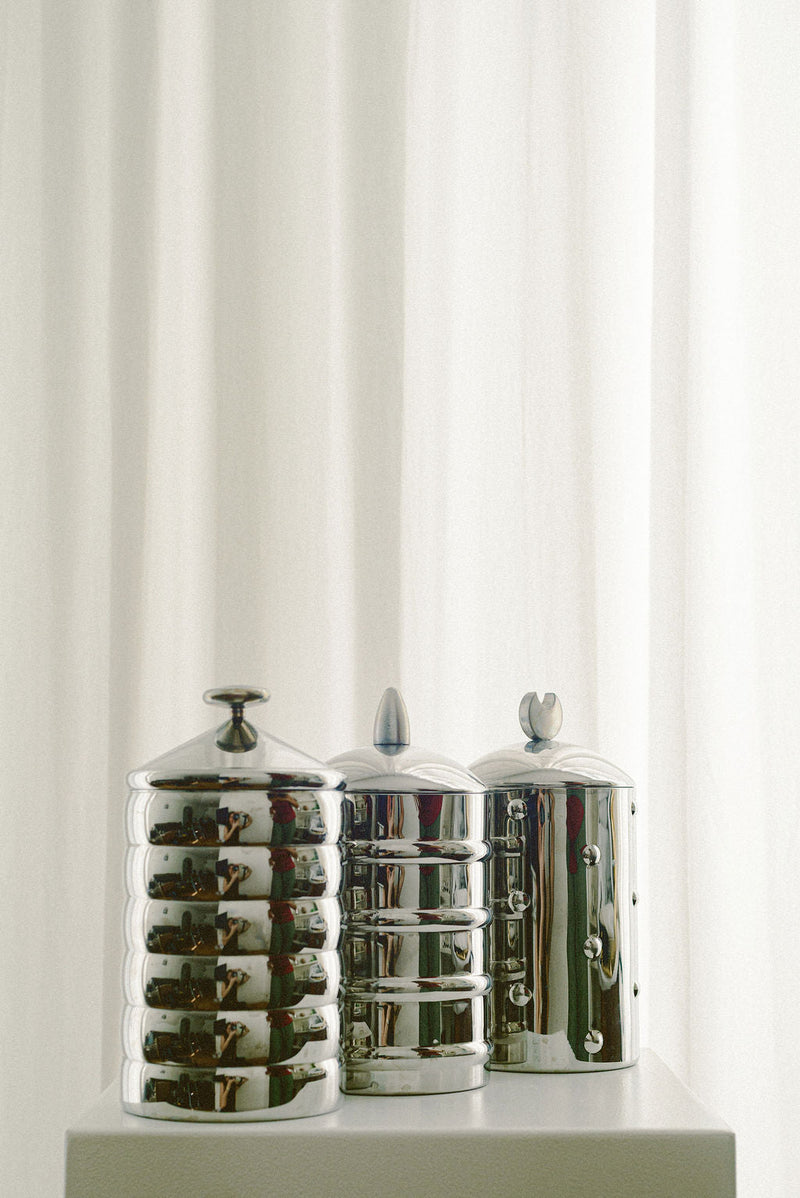 Alessi Kalisto Steel Canisters — close-up of polished stainless steel finish