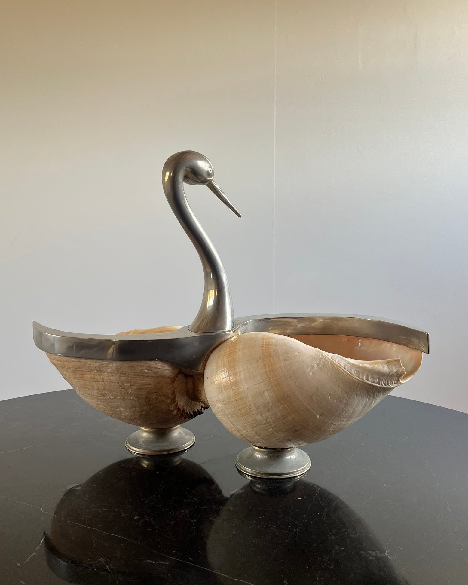 Shell Swan Centrepiece, attr. Gabriella Binazzi, Italy c.1970 — side angle