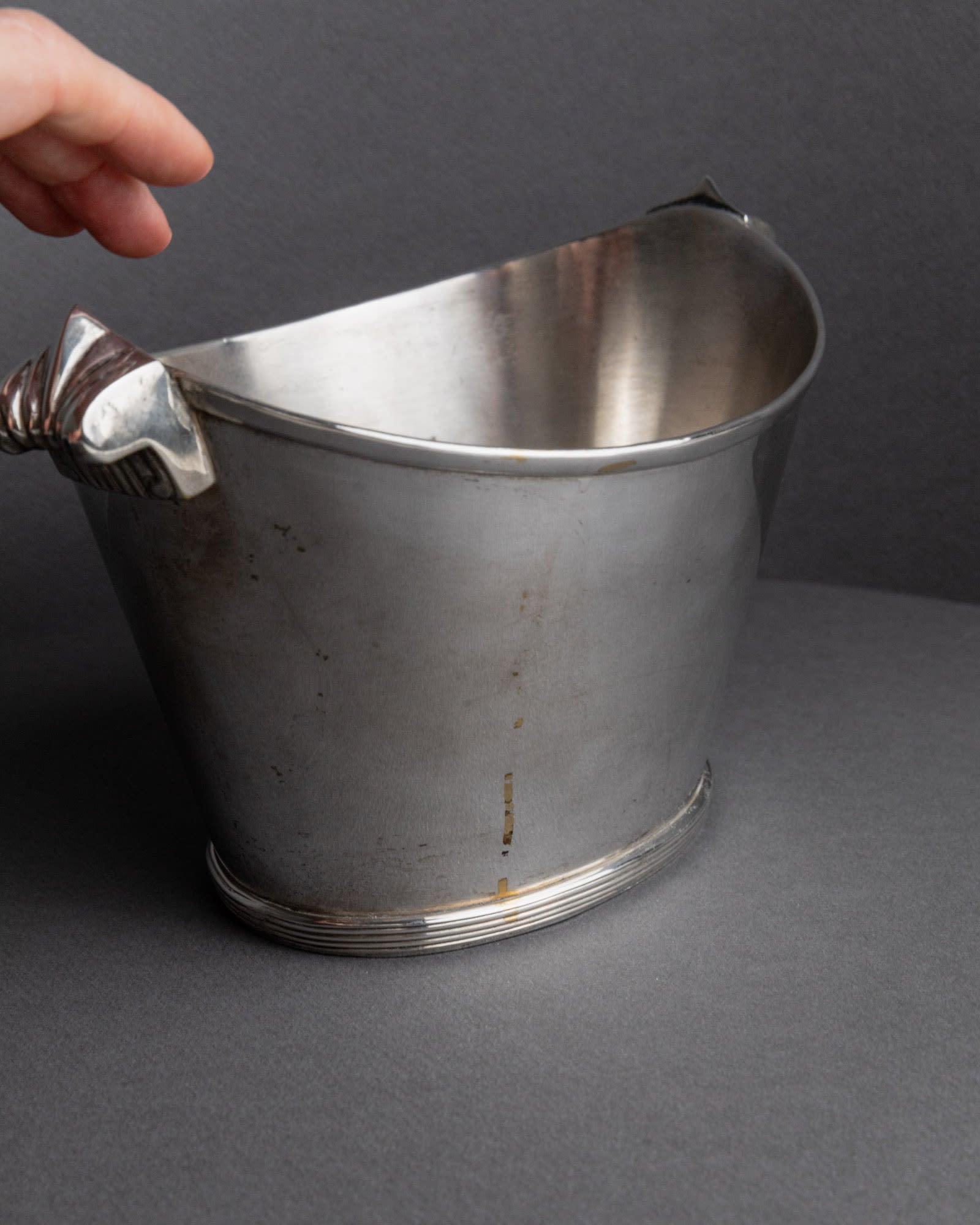 Vintage 1940s Silver Plated Champagne Cooler, Classic Form for Wine or Drinks — angled view highlighting polished silver surf