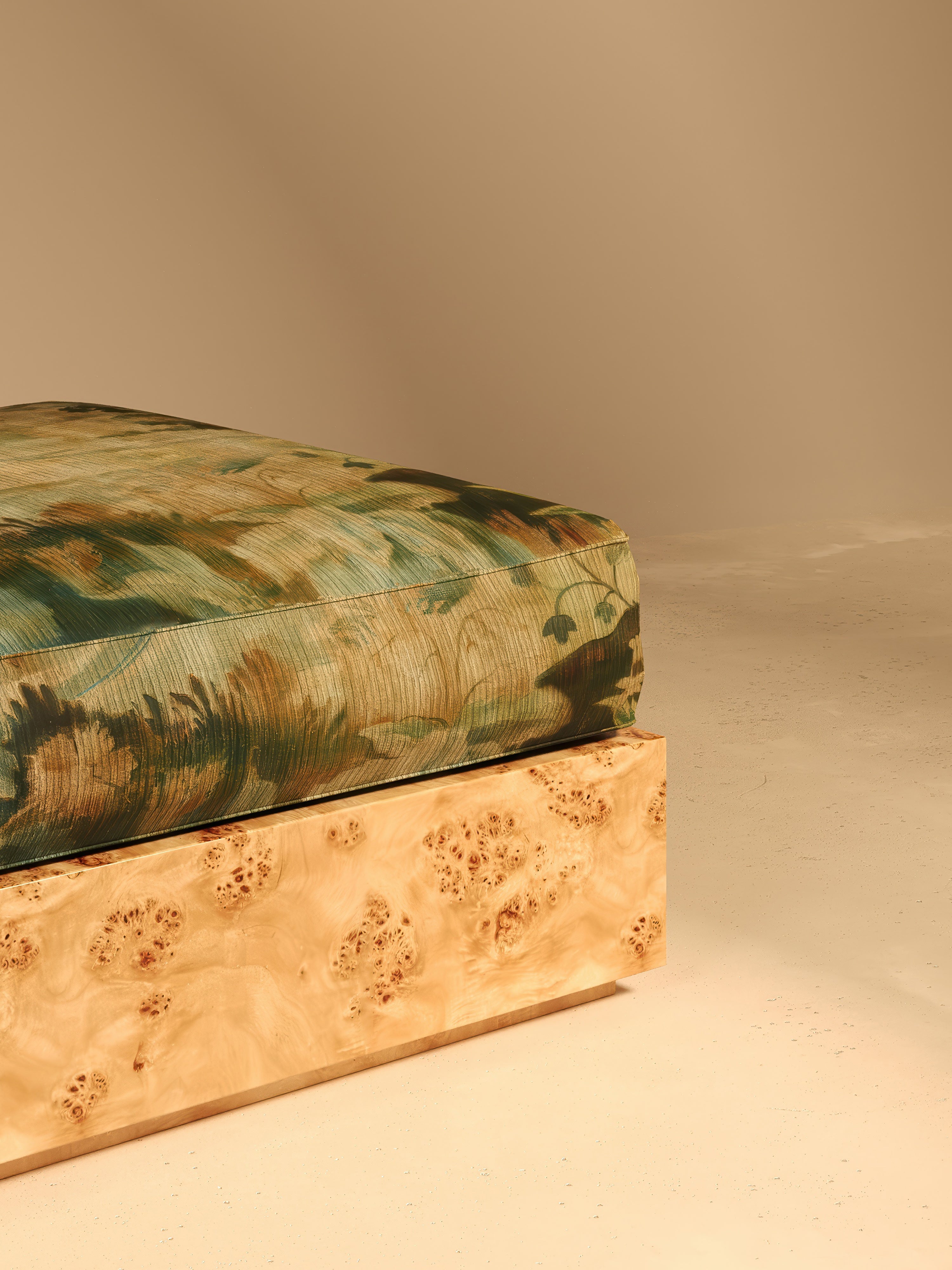 KAVA Collection II POUF – Maple Burl Finish, Pierre Frey Upholstery — detail view