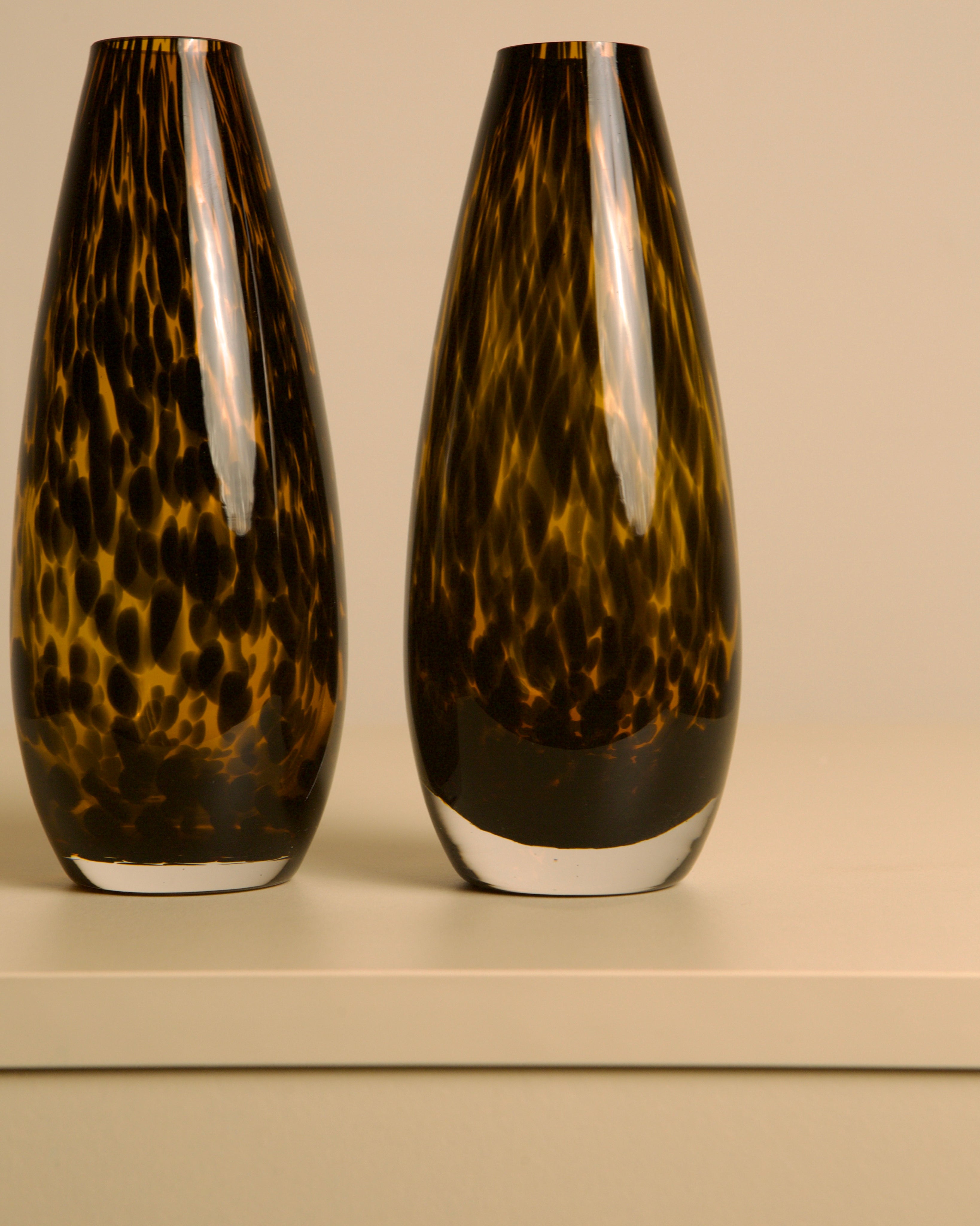 Pair of "Leopard" Murano Glass Vases from the 1980s — side angle showing rich amber tones