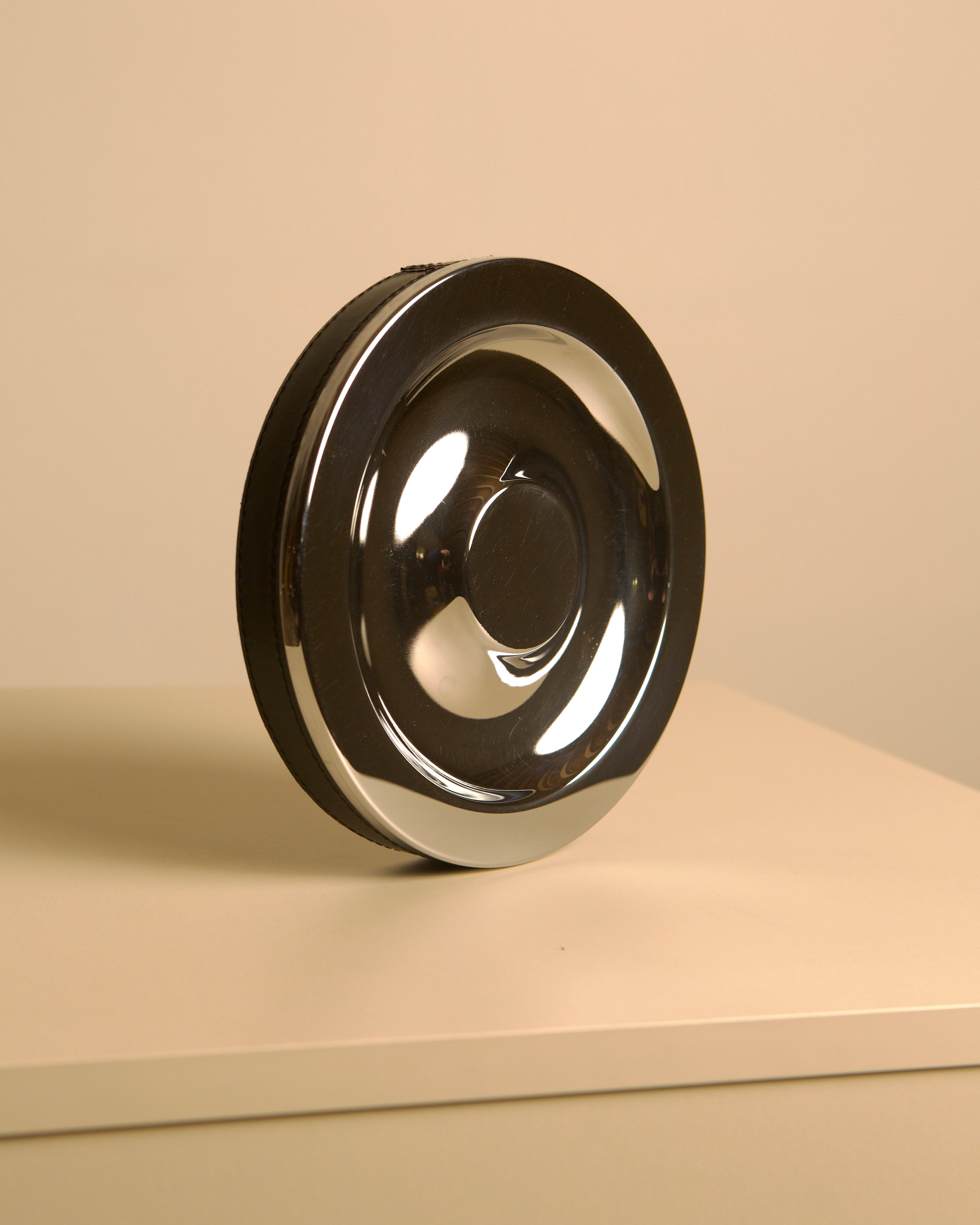 Italian Metal and Black Leather Valet Tray, 70s — top view highlighting circular chrome design