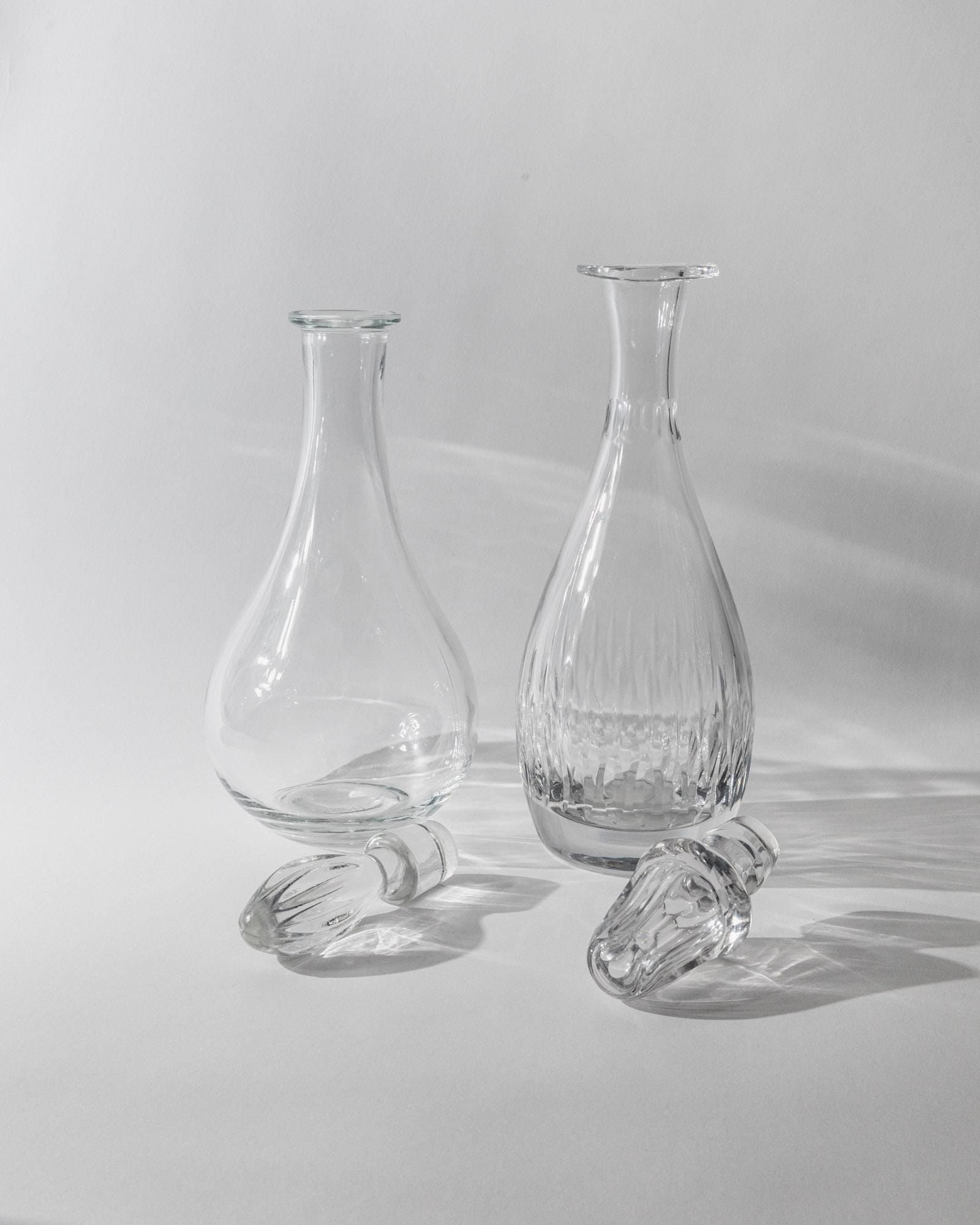 Vintage 1980s Glass Decanter Set of 2 — clear glass decanters on white background