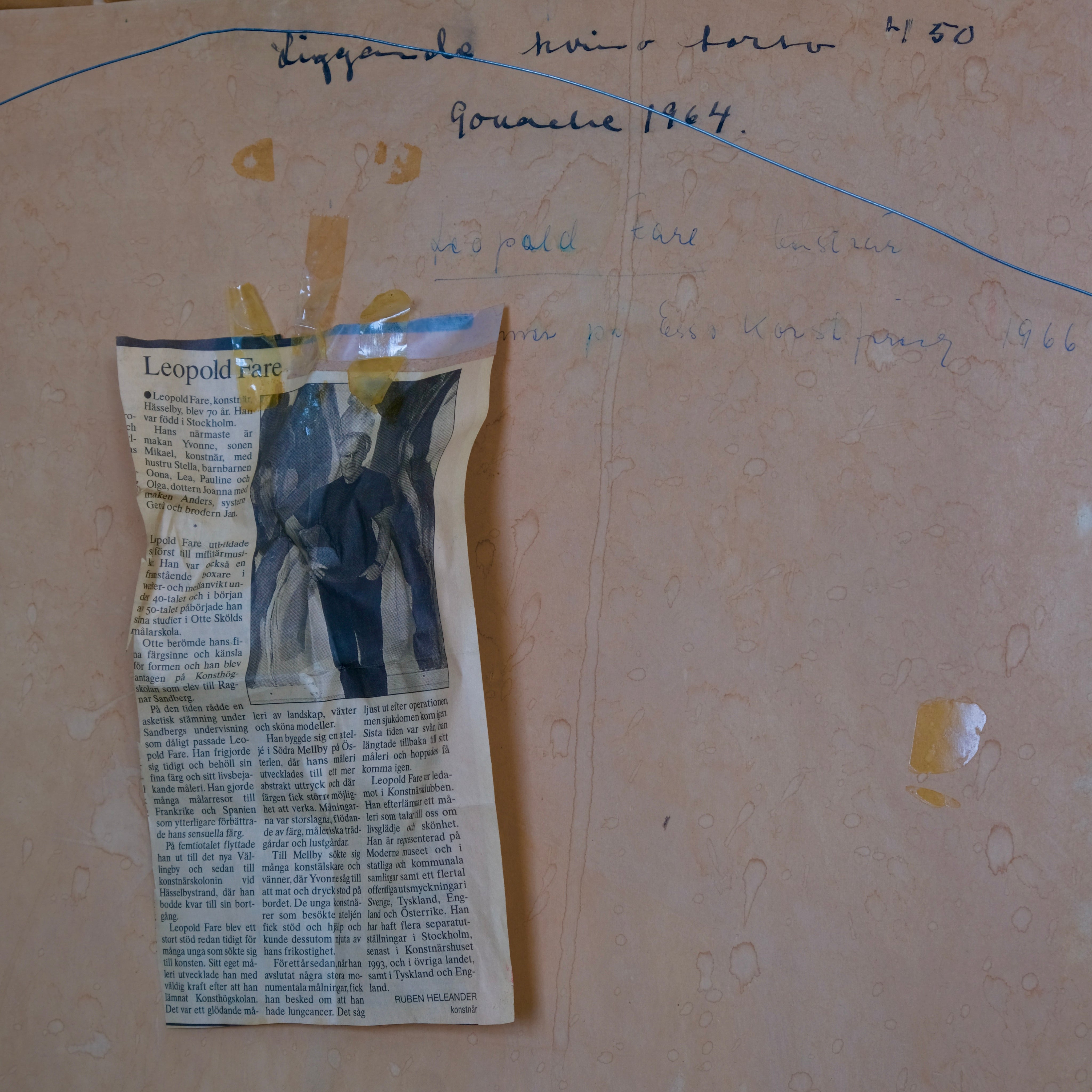 Leopold Fare Abstract Composition Painting | 1960s — back view with paper label and wall setting