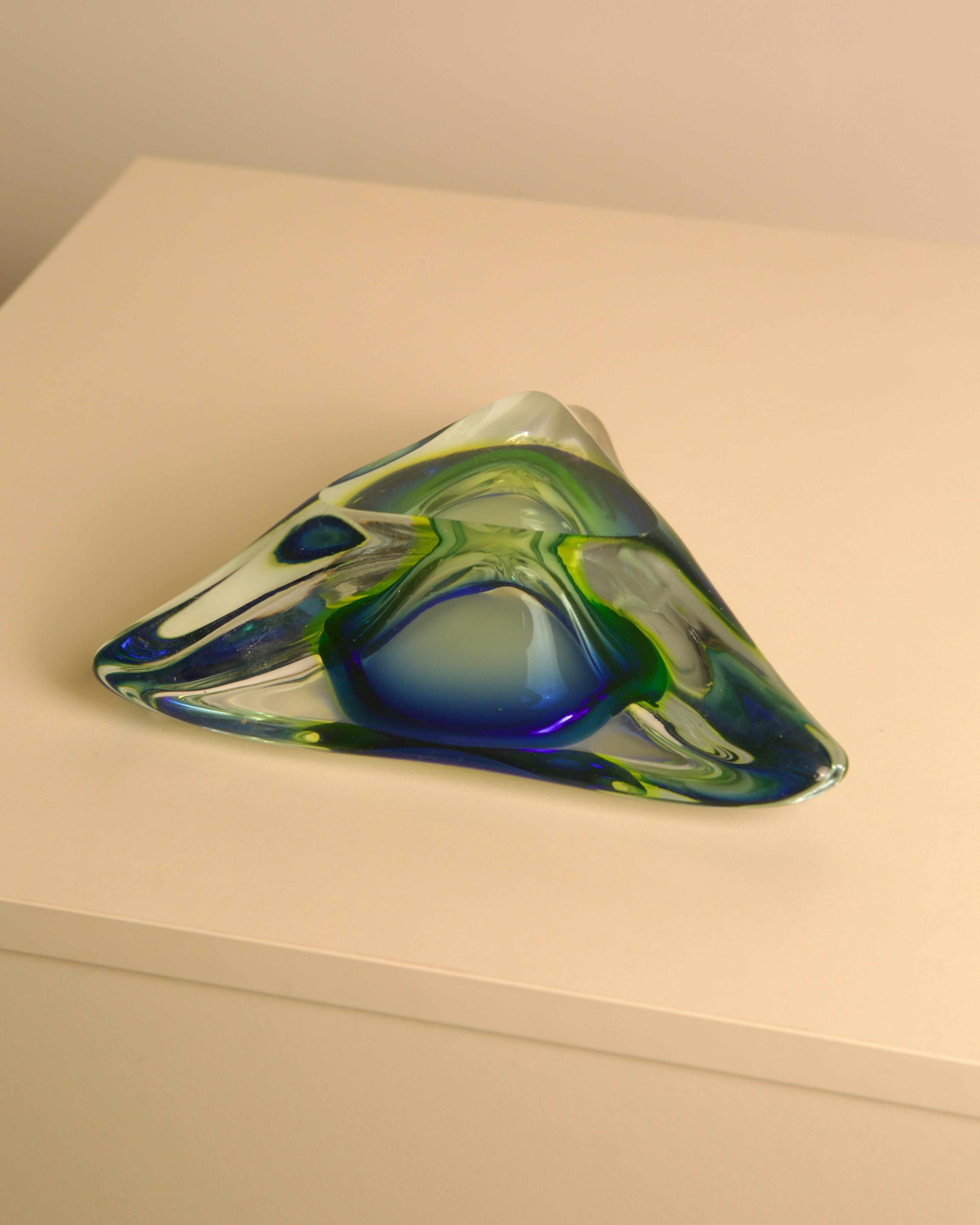 Large Blue Murano Glass Ashtray 70s — top view with green accents