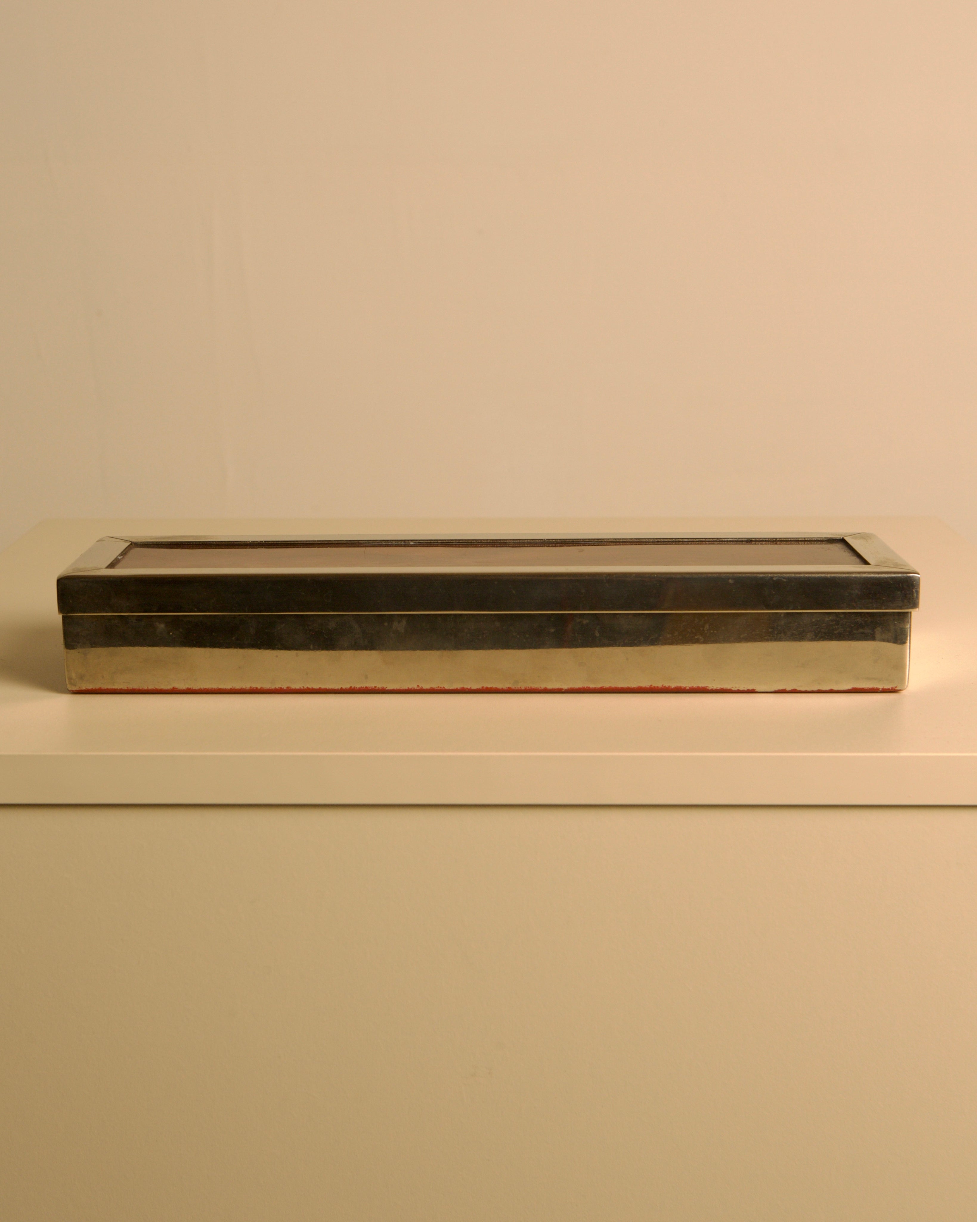Rectangular Italian Metal Box, 70s — top view on neutral background