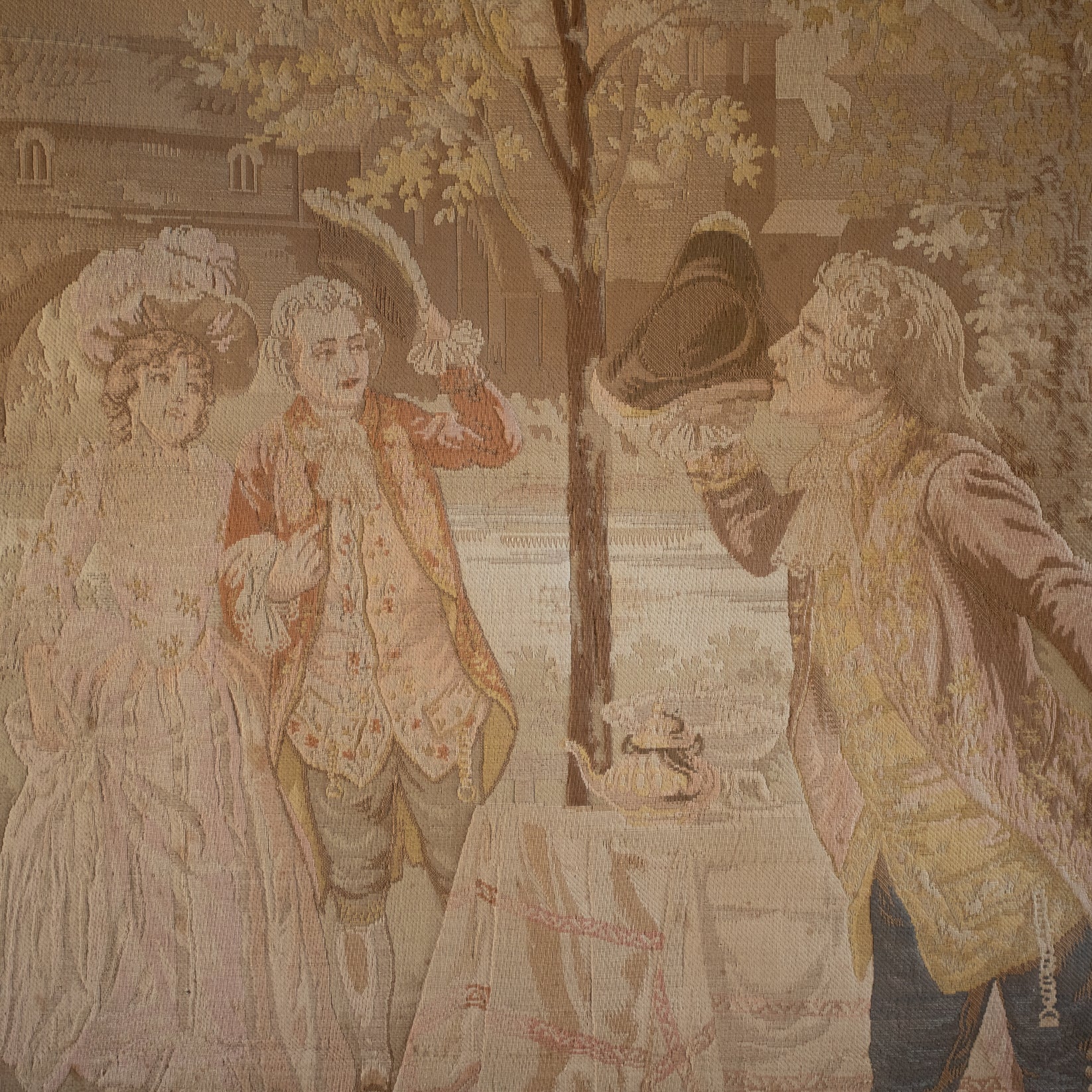 19th Century French Pastoral Tapestry — detailed view of characters in garden setting
