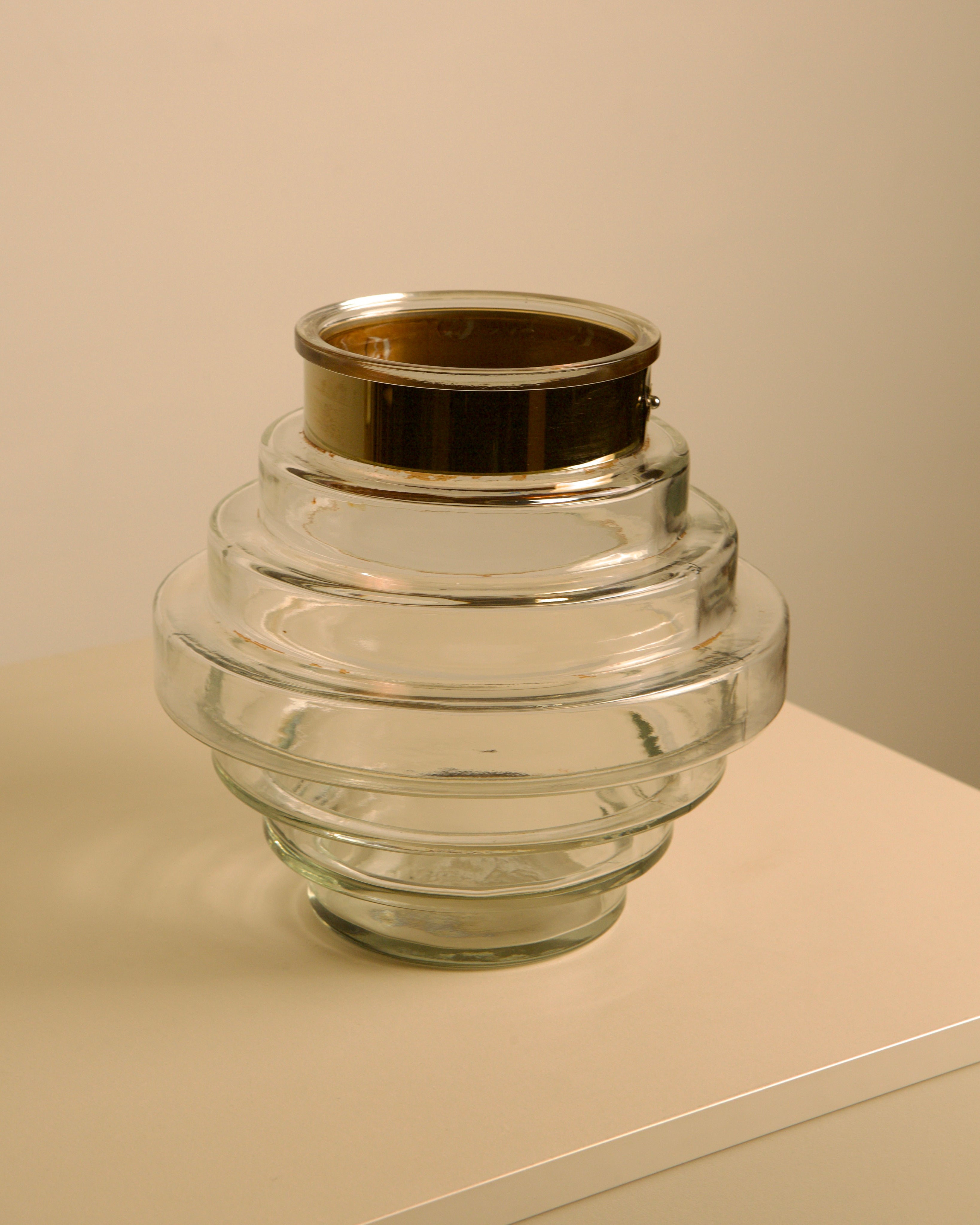 Italian Glass Vase with Brass Rim, 70s — close-up of glass body with brass rim