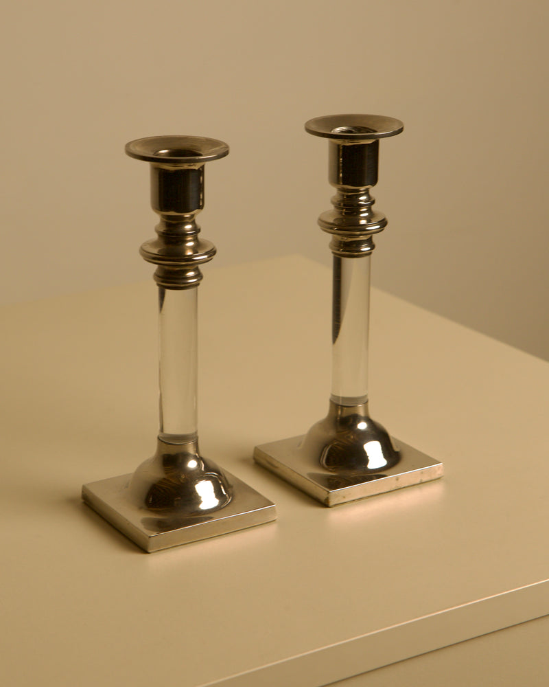 Pair of Italian Candleholders in Lucite and Silver-plated Metal, 1980s by Treaptyque | The Oblist — vintage silver and clear