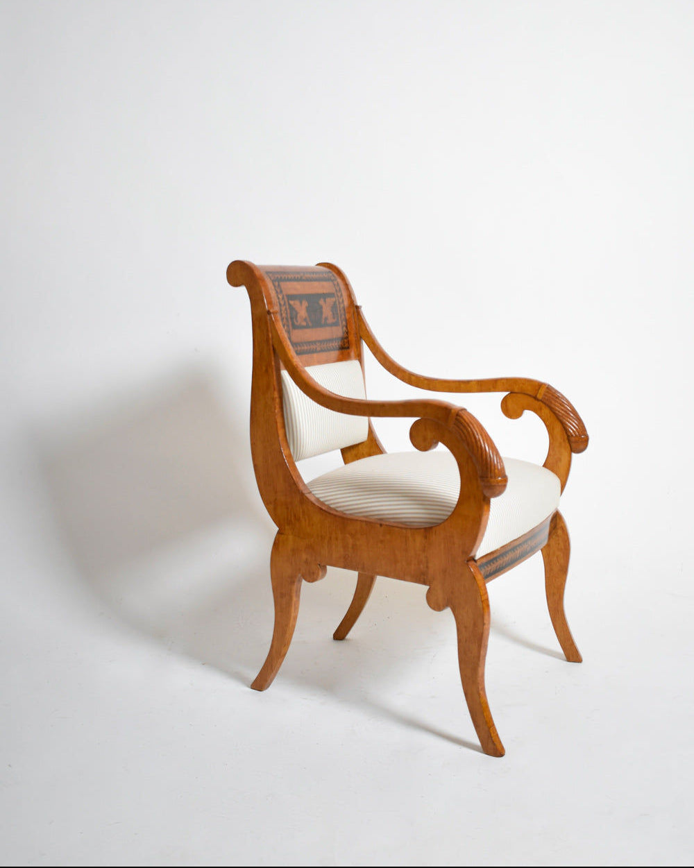 Pair of Etruscan Armchairs, XIXth c. — side angle showing wooden frame and fabric seat