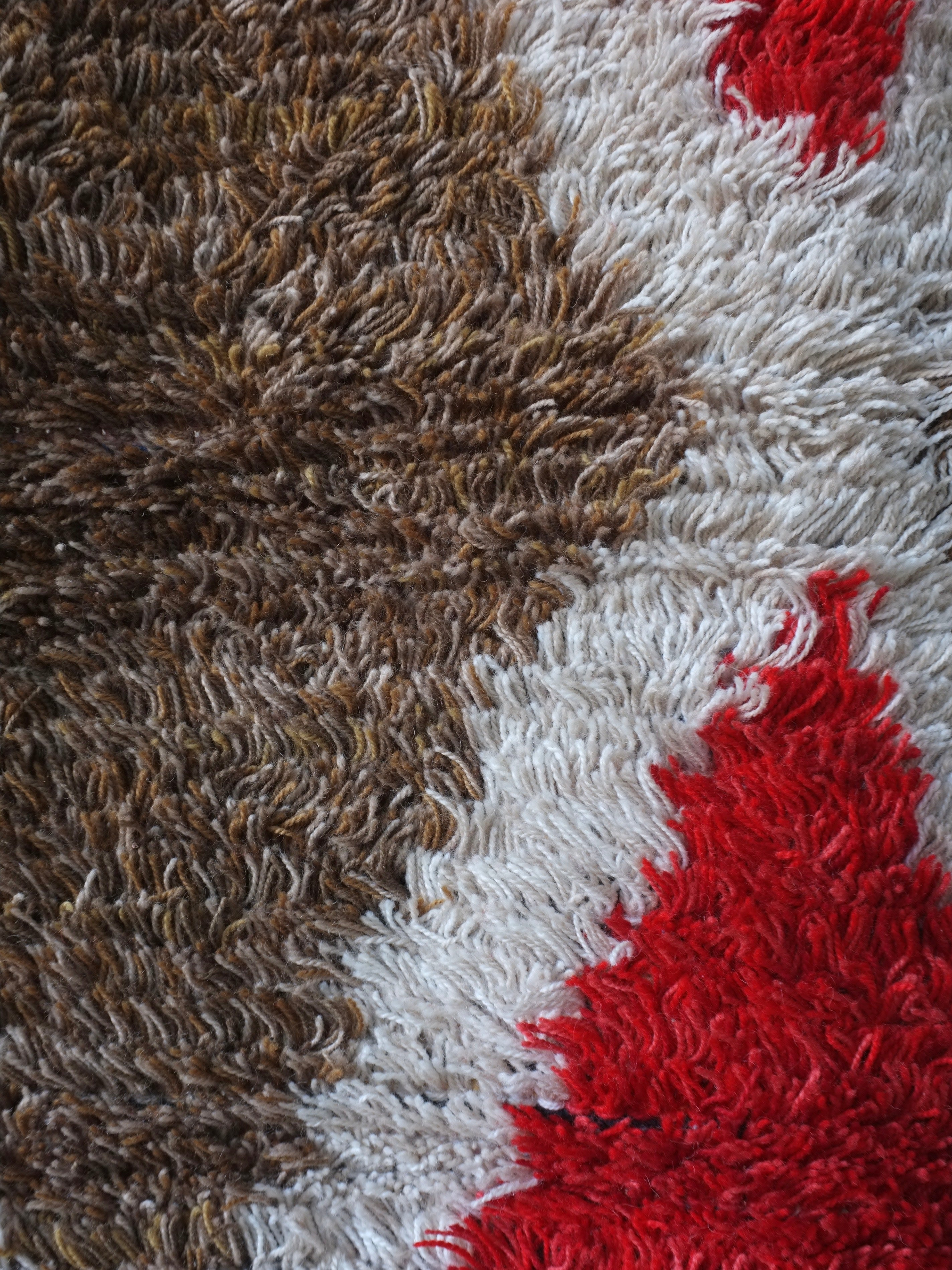 Scandinavian Red Rhombus Wool Rya Rug | Sweden | 1960s — close-up of textured wool fibers