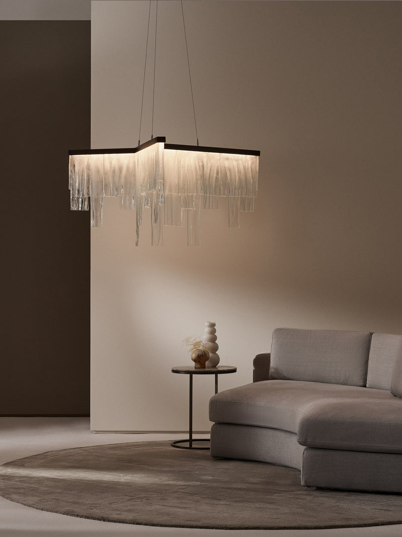 CASCATA Chandelier With Ceiling Rose — close-up of glass detail in modern living room