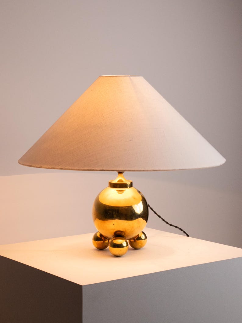 Vintage Brass Orb Lamp | Space Age Tripod Base, Mid Century Cone Shade — detail view