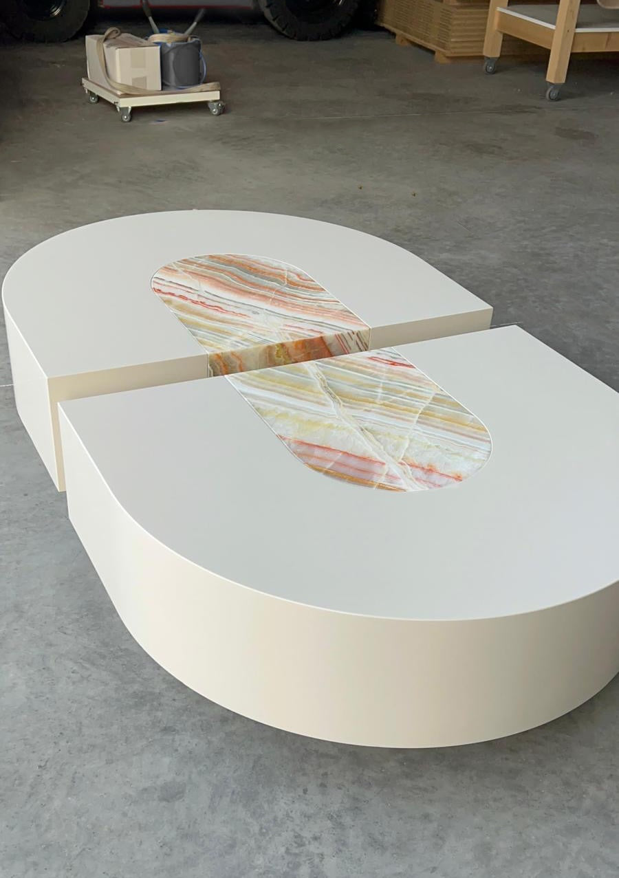 Baci Capsule Rainbow Onyx Coffee Table — back view showing onyx inlay and curved design