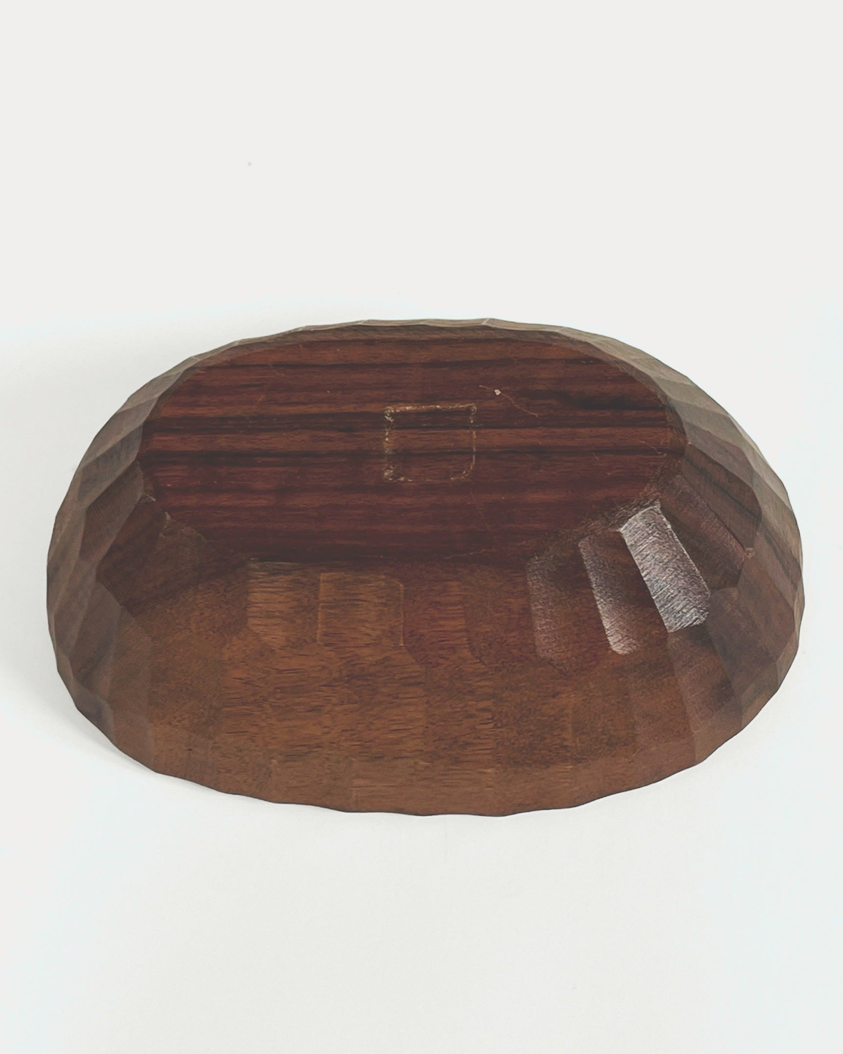 Interior detail view of carved French wood bowl from 1960s