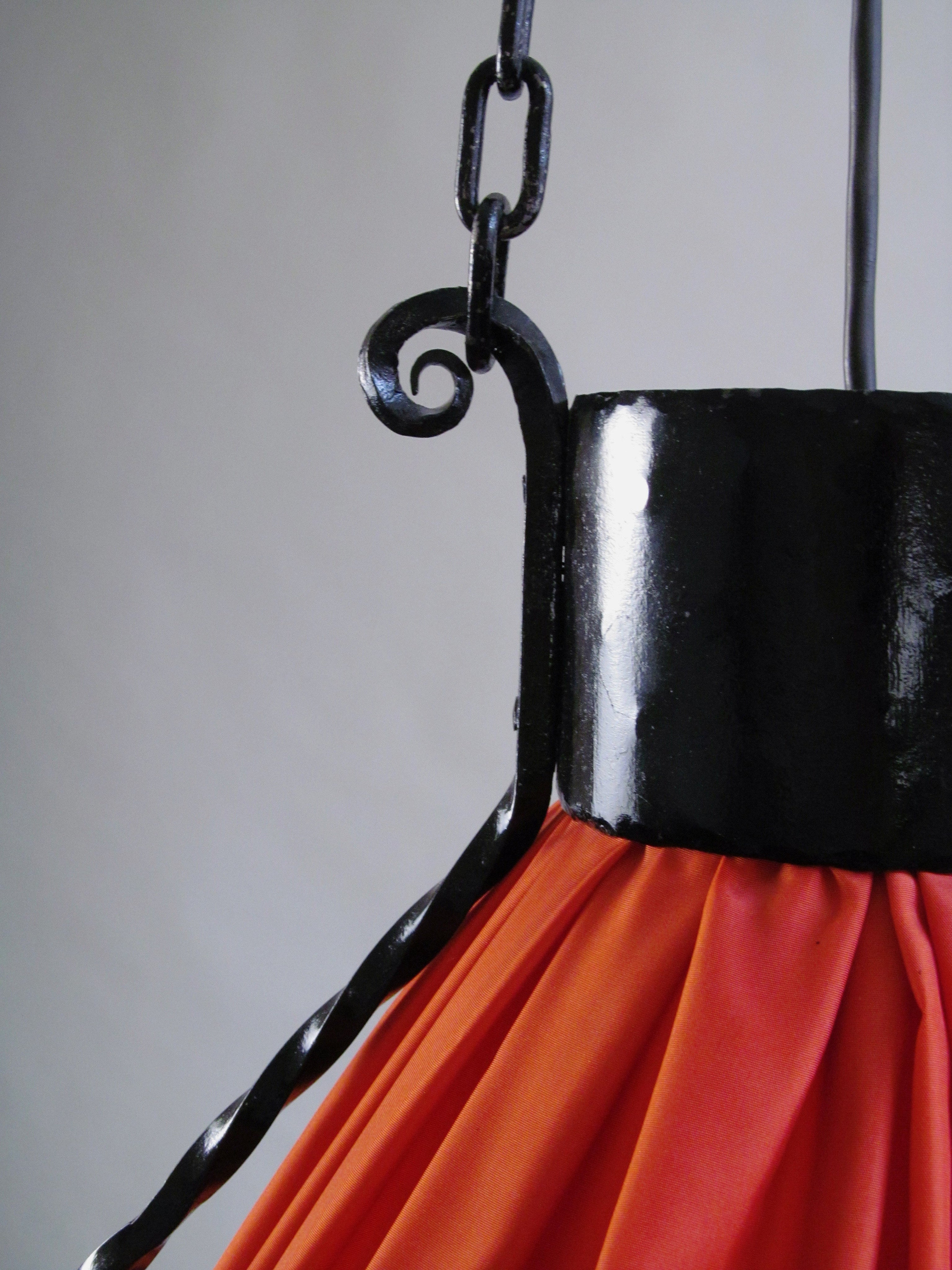 Art Nouveau Chandelier c.1900-1920 — side angle showing black metal and orange fabric