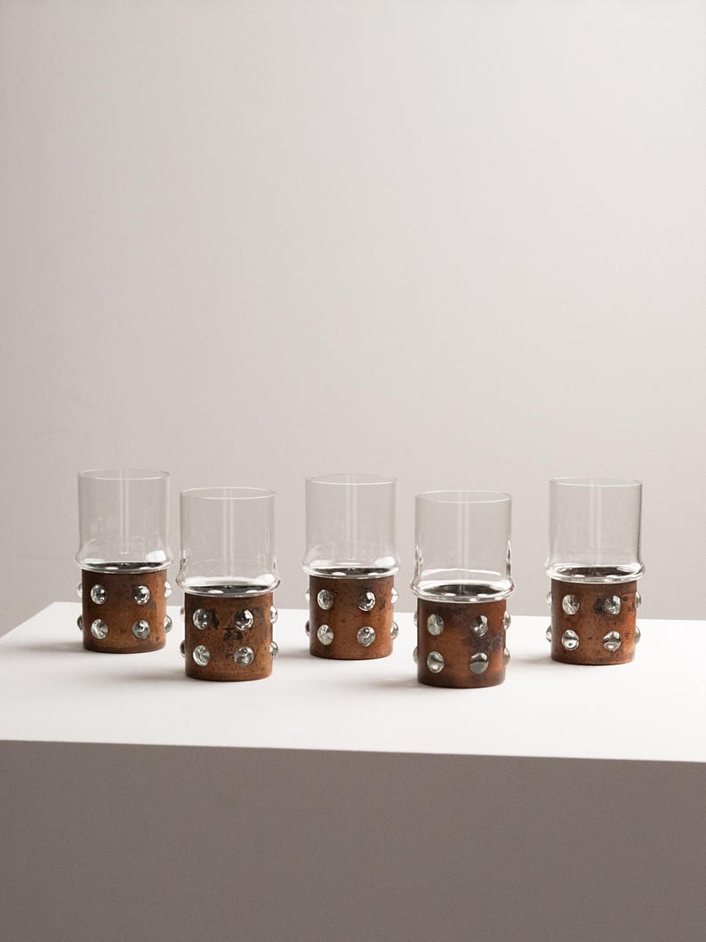 Vintage Brutalist Glass Highballs – Rusted Iron Studded Tumblers, Set of 5 by Studio Ecubed | The Oblist